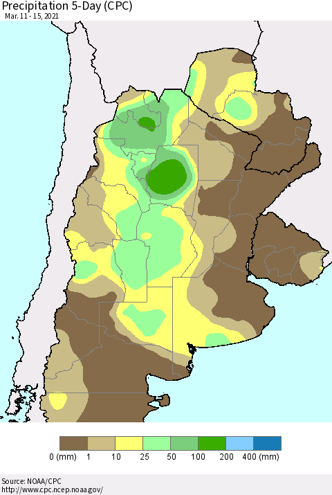 Southern South America Precipitation 5-Day (CPC) Thematic Map For 3/11/2021 - 3/15/2021
