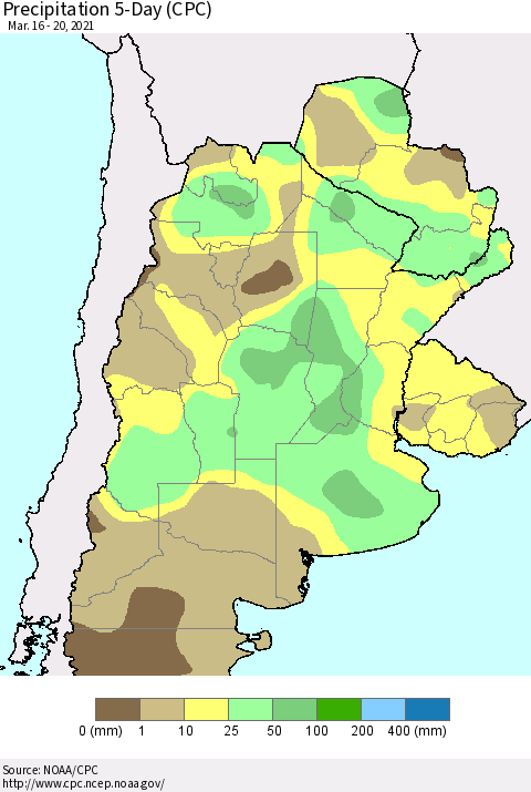 Southern South America Precipitation 5-Day (CPC) Thematic Map For 3/16/2021 - 3/20/2021