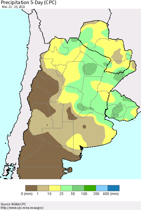 Southern South America Precipitation 5-Day (CPC) Thematic Map For 3/21/2021 - 3/25/2021