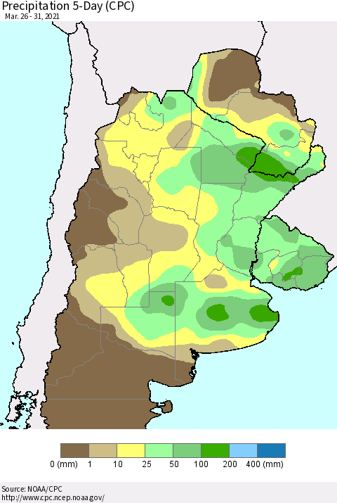 Southern South America Precipitation 5-Day (CPC) Thematic Map For 3/26/2021 - 3/31/2021