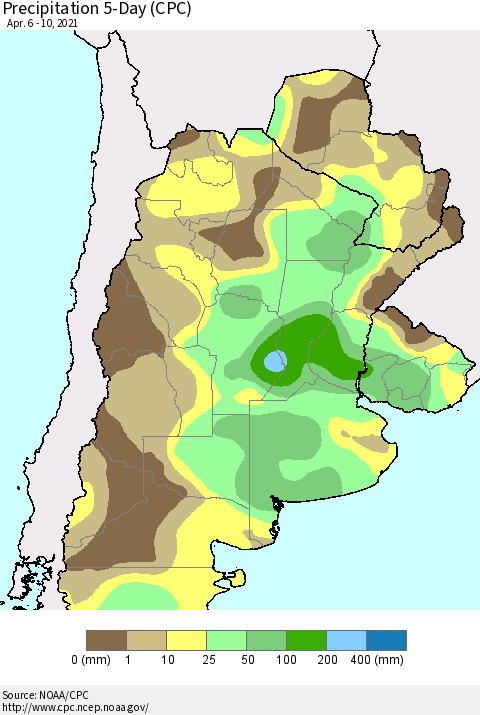 Southern South America Precipitation 5-Day (CPC) Thematic Map For 4/6/2021 - 4/10/2021