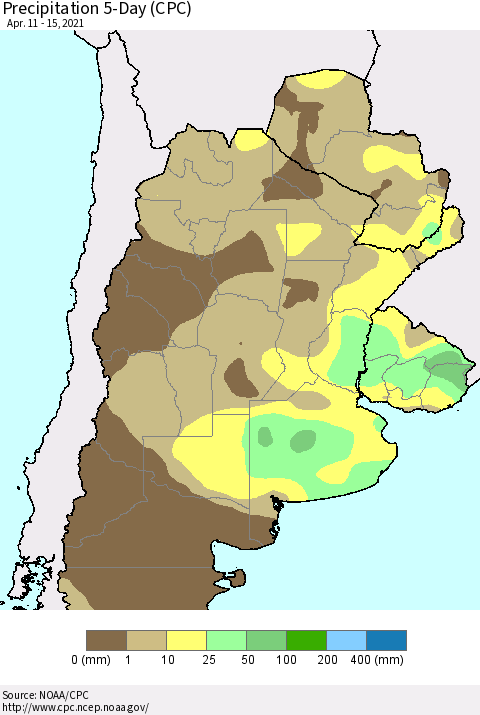 Southern South America Precipitation 5-Day (CPC) Thematic Map For 4/11/2021 - 4/15/2021