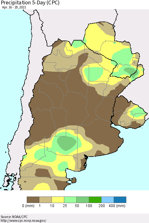 Southern South America Precipitation 5-Day (CPC) Thematic Map For 4/16/2021 - 4/20/2021