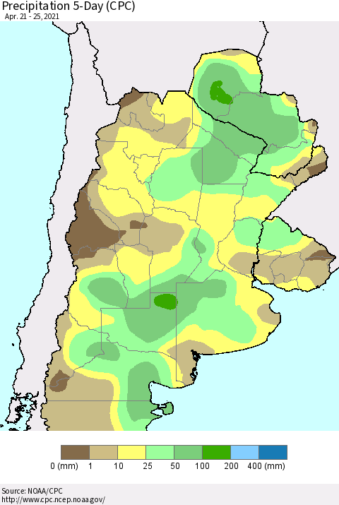 Southern South America Precipitation 5-Day (CPC) Thematic Map For 4/21/2021 - 4/25/2021