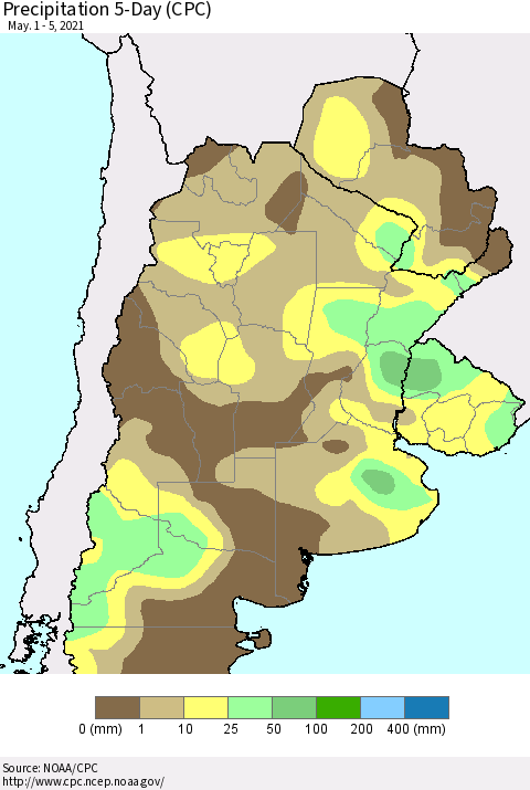 Southern South America Precipitation 5-Day (CPC) Thematic Map For 5/1/2021 - 5/5/2021
