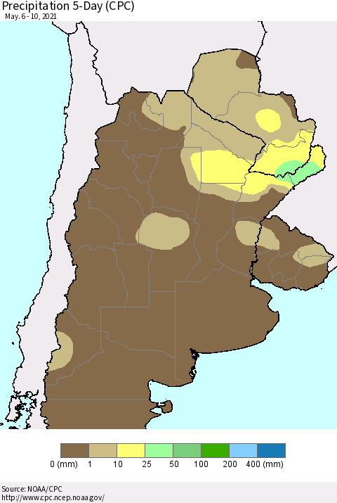 Southern South America Precipitation 5-Day (CPC) Thematic Map For 5/6/2021 - 5/10/2021