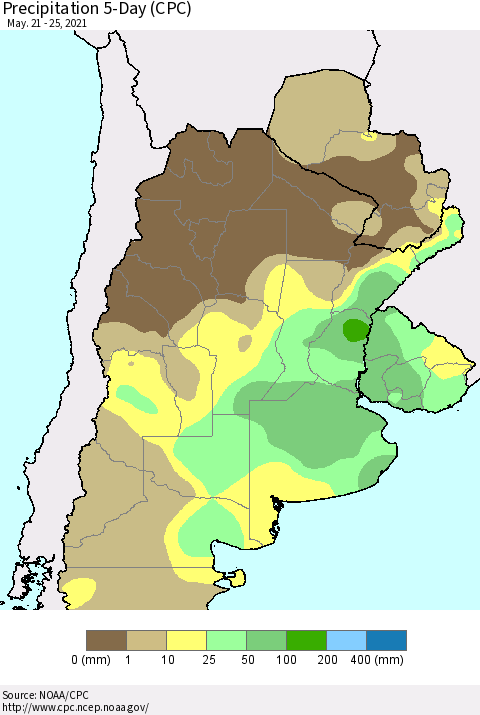 Southern South America Precipitation 5-Day (CPC) Thematic Map For 5/21/2021 - 5/25/2021