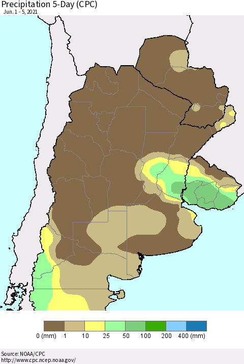 Southern South America Precipitation 5-Day (CPC) Thematic Map For 6/1/2021 - 6/5/2021