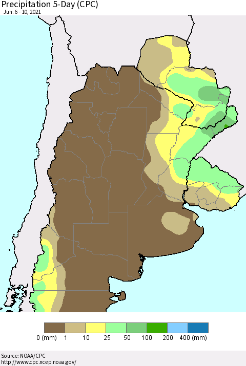 Southern South America Precipitation 5-Day (CPC) Thematic Map For 6/6/2021 - 6/10/2021