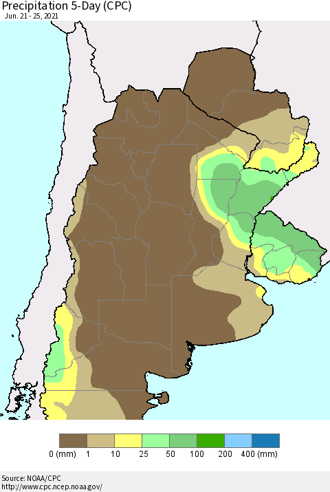 Southern South America Precipitation 5-Day (CPC) Thematic Map For 6/21/2021 - 6/25/2021