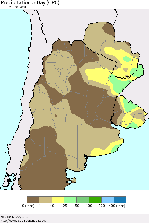 Southern South America Precipitation 5-Day (CPC) Thematic Map For 6/26/2021 - 6/30/2021