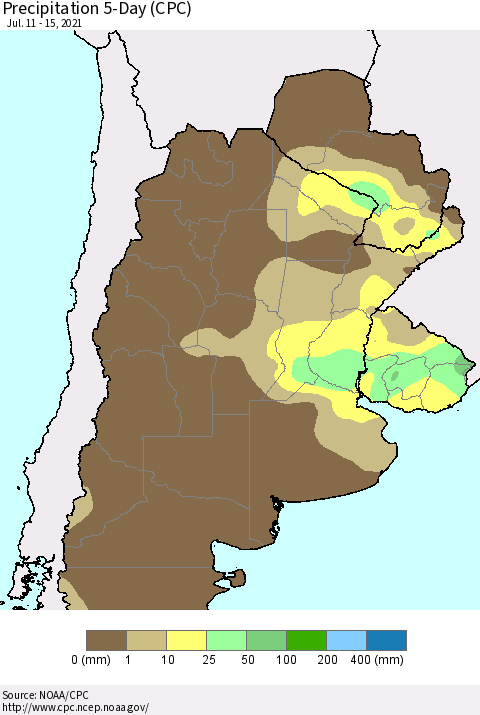 Southern South America Precipitation 5-Day (CPC) Thematic Map For 7/11/2021 - 7/15/2021