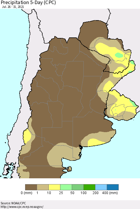 Southern South America Precipitation 5-Day (CPC) Thematic Map For 7/26/2021 - 7/31/2021