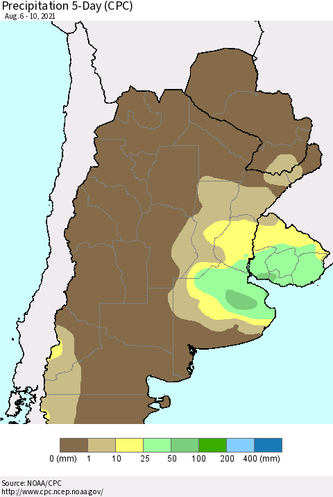 Southern South America Precipitation 5-Day (CPC) Thematic Map For 8/6/2021 - 8/10/2021