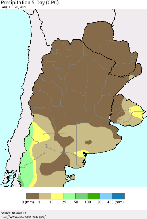 Southern South America Precipitation 5-Day (CPC) Thematic Map For 8/16/2021 - 8/20/2021