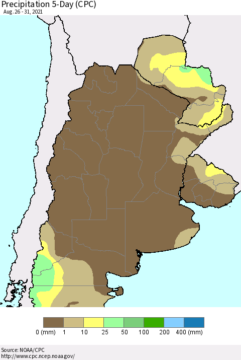 Southern South America Precipitation 5-Day (CPC) Thematic Map For 8/26/2021 - 8/31/2021