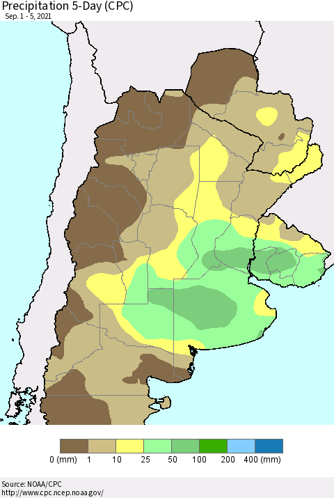 Southern South America Precipitation 5-Day (CPC) Thematic Map For 9/1/2021 - 9/5/2021