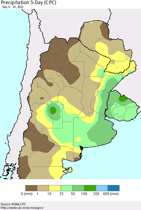 Southern South America Precipitation 5-Day (CPC) Thematic Map For 9/6/2021 - 9/10/2021