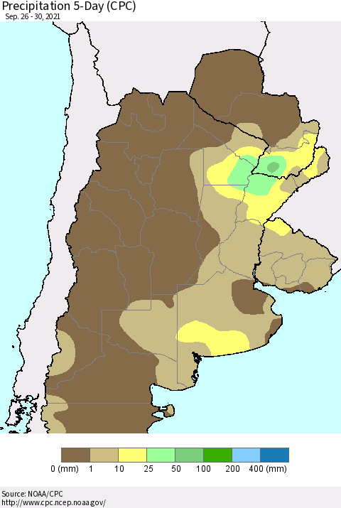 Southern South America Precipitation 5-Day (CPC) Thematic Map For 9/26/2021 - 9/30/2021