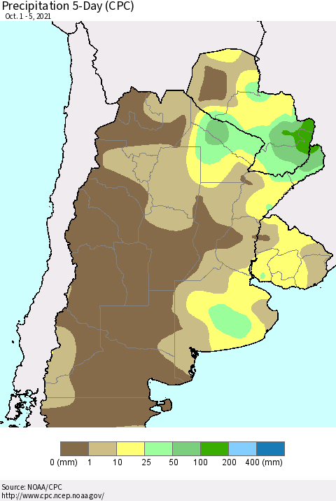 Southern South America Precipitation 5-Day (CPC) Thematic Map For 10/1/2021 - 10/5/2021