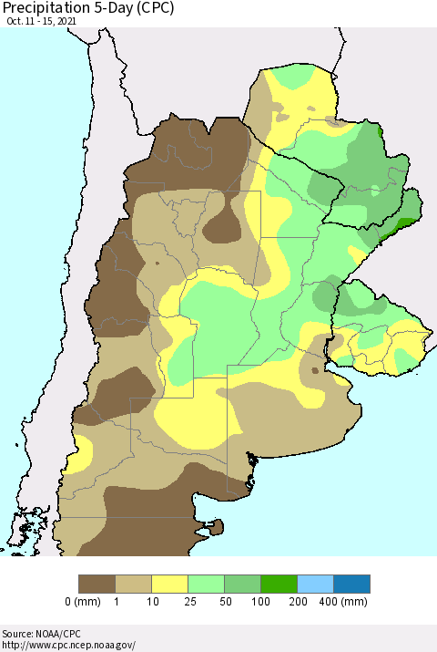 Southern South America Precipitation 5-Day (CPC) Thematic Map For 10/11/2021 - 10/15/2021