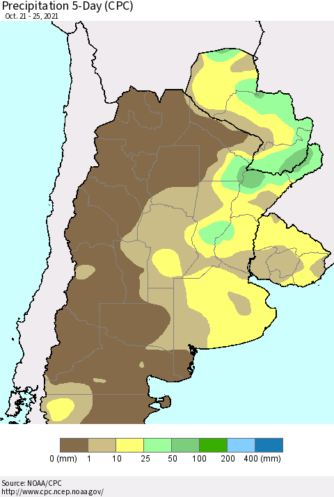 Southern South America Precipitation 5-Day (CPC) Thematic Map For 10/21/2021 - 10/25/2021
