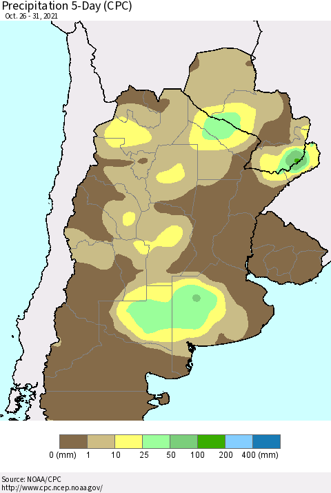 Southern South America Precipitation 5-Day (CPC) Thematic Map For 10/26/2021 - 10/31/2021