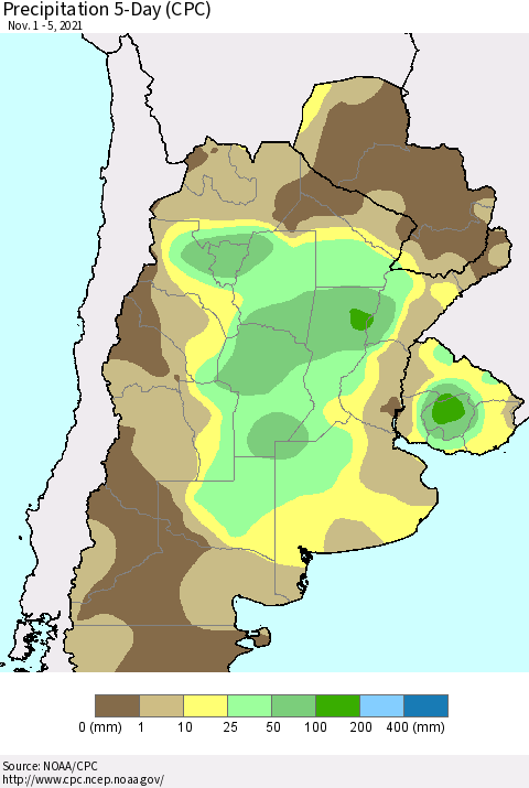 Southern South America Precipitation 5-Day (CPC) Thematic Map For 11/1/2021 - 11/5/2021
