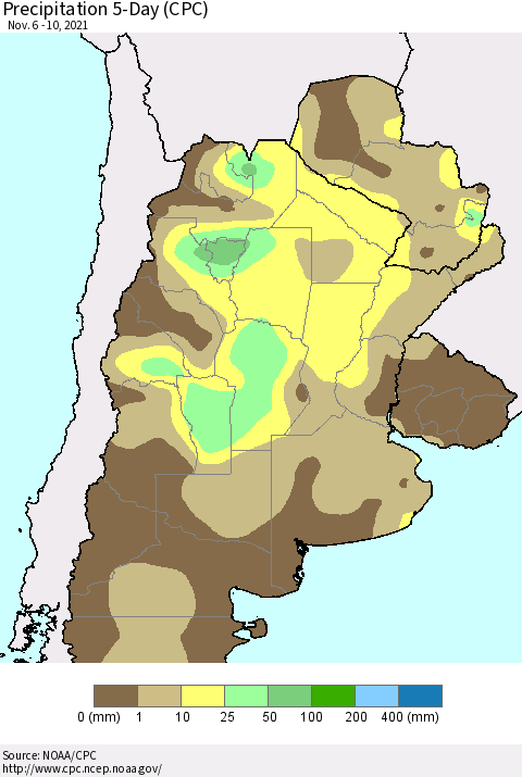 Southern South America Precipitation 5-Day (CPC) Thematic Map For 11/6/2021 - 11/10/2021