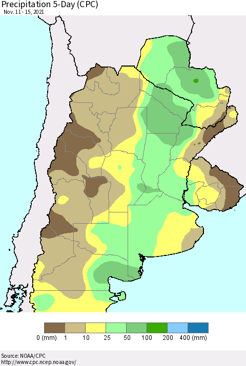 Southern South America Precipitation 5-Day (CPC) Thematic Map For 11/11/2021 - 11/15/2021