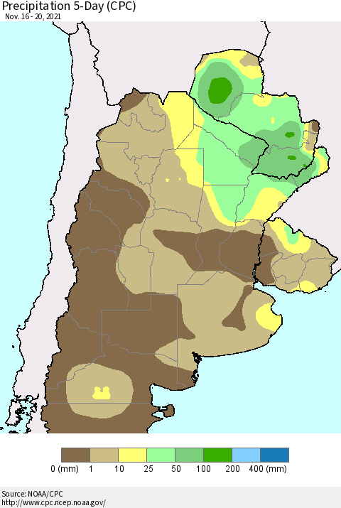 Southern South America Precipitation 5-Day (CPC) Thematic Map For 11/16/2021 - 11/20/2021