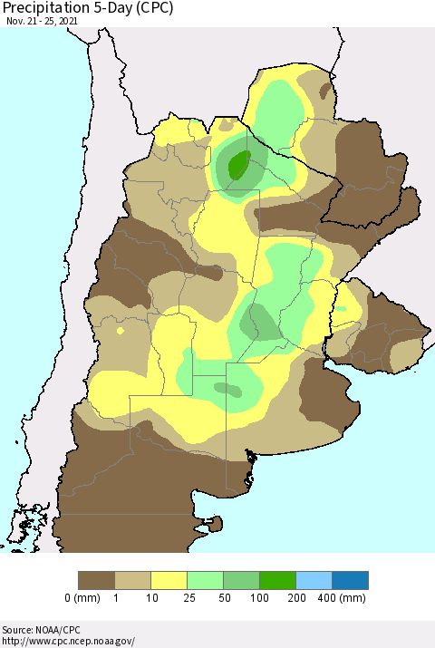 Southern South America Precipitation 5-Day (CPC) Thematic Map For 11/21/2021 - 11/25/2021