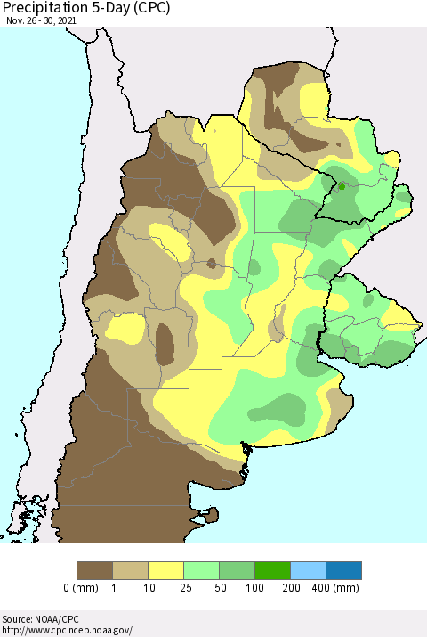 Southern South America Precipitation 5-Day (CPC) Thematic Map For 11/26/2021 - 11/30/2021
