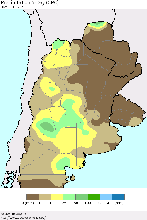 Southern South America Precipitation 5-Day (CPC) Thematic Map For 12/6/2021 - 12/10/2021
