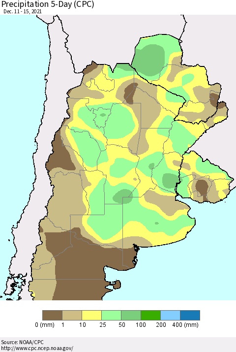 Southern South America Precipitation 5-Day (CPC) Thematic Map For 12/11/2021 - 12/15/2021