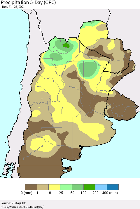 Southern South America Precipitation 5-Day (CPC) Thematic Map For 12/21/2021 - 12/25/2021
