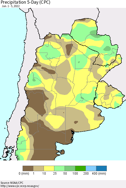 Southern South America Precipitation 5-Day (CPC) Thematic Map For 1/1/2022 - 1/5/2022
