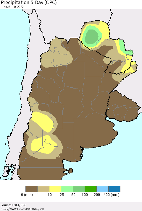 Southern South America Precipitation 5-Day (CPC) Thematic Map For 1/6/2022 - 1/10/2022