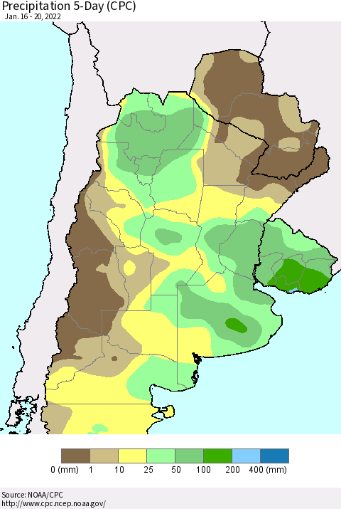 Southern South America Precipitation 5-Day (CPC) Thematic Map For 1/16/2022 - 1/20/2022