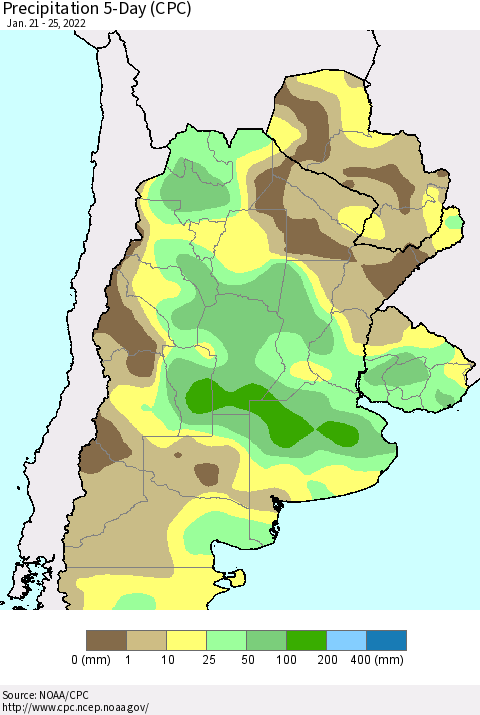 Southern South America Precipitation 5-Day (CPC) Thematic Map For 1/21/2022 - 1/25/2022