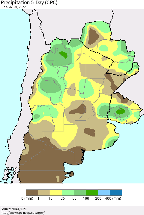 Southern South America Precipitation 5-Day (CPC) Thematic Map For 1/26/2022 - 1/31/2022