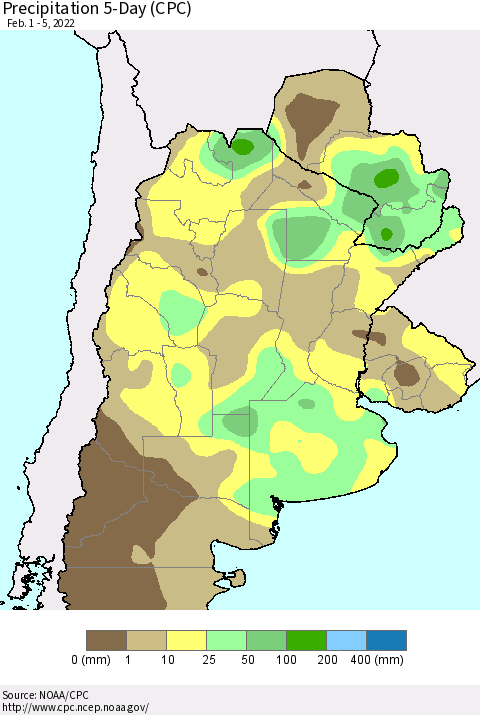 Southern South America Precipitation 5-Day (CPC) Thematic Map For 2/1/2022 - 2/5/2022