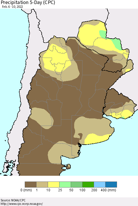 Southern South America Precipitation 5-Day (CPC) Thematic Map For 2/6/2022 - 2/10/2022