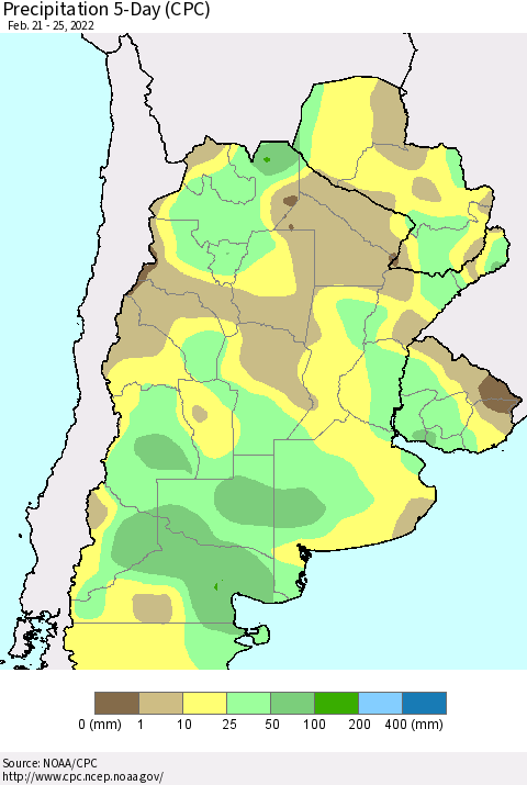 Southern South America Precipitation 5-Day (CPC) Thematic Map For 2/21/2022 - 2/25/2022
