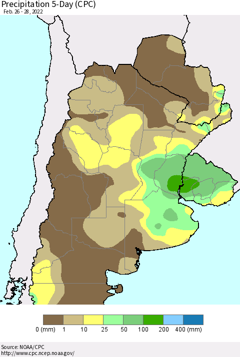Southern South America Precipitation 5-Day (CPC) Thematic Map For 2/26/2022 - 2/28/2022