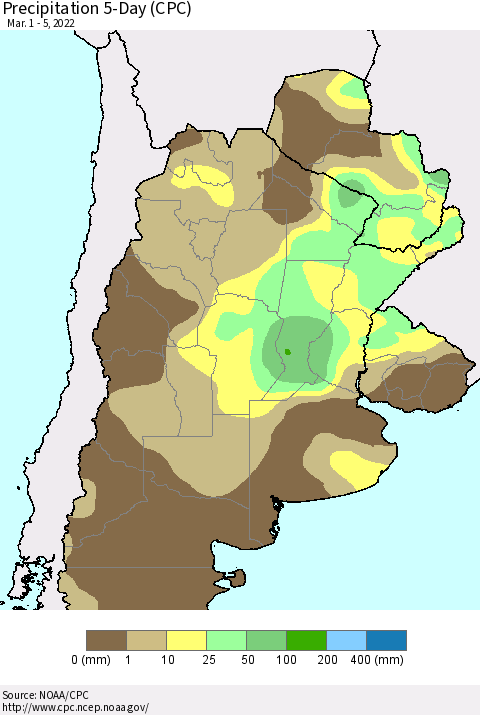 Southern South America Precipitation 5-Day (CPC) Thematic Map For 3/1/2022 - 3/5/2022