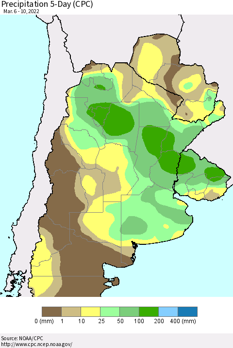 Southern South America Precipitation 5-Day (CPC) Thematic Map For 3/6/2022 - 3/10/2022
