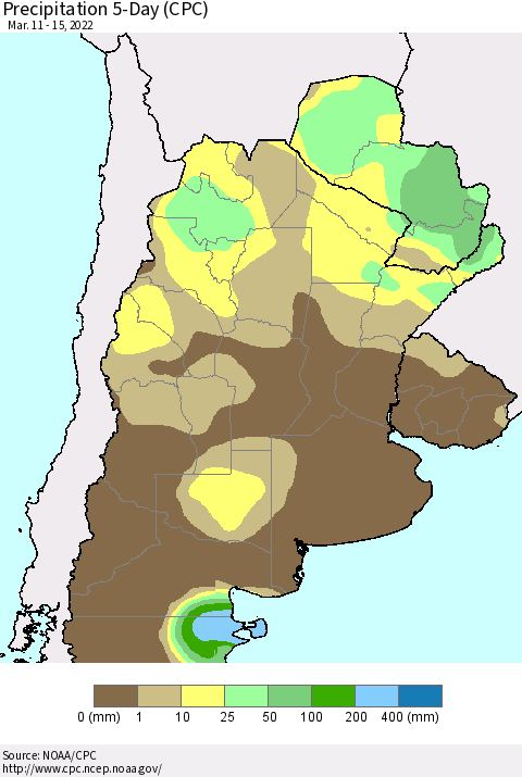 Southern South America Precipitation 5-Day (CPC) Thematic Map For 3/11/2022 - 3/15/2022