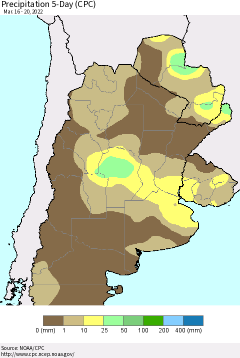 Southern South America Precipitation 5-Day (CPC) Thematic Map For 3/16/2022 - 3/20/2022