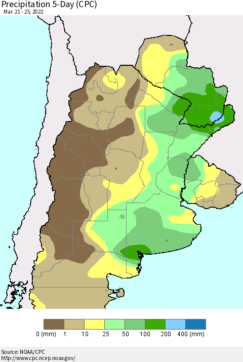 Southern South America Precipitation 5-Day (CPC) Thematic Map For 3/21/2022 - 3/25/2022